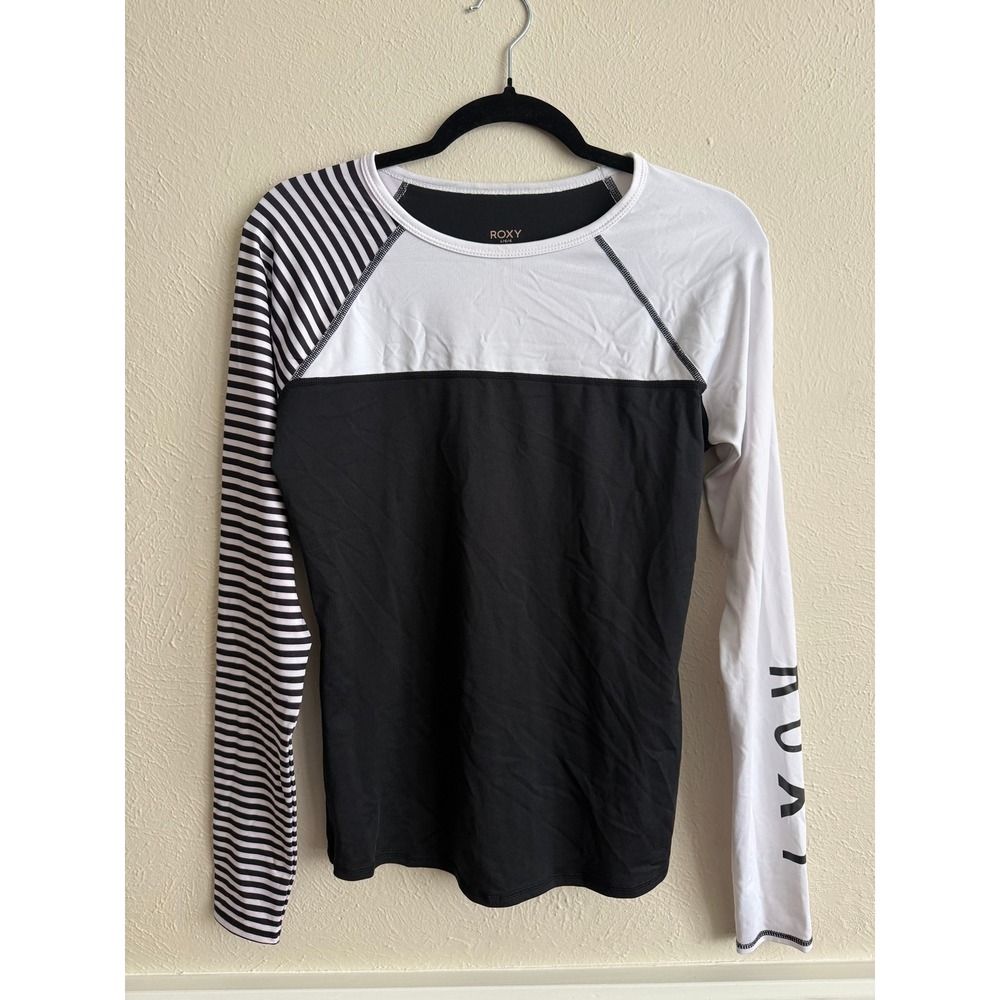 Roxy Womens Long Sleeve Rash Guard Colorblock Striped Swim Shirt Black White L